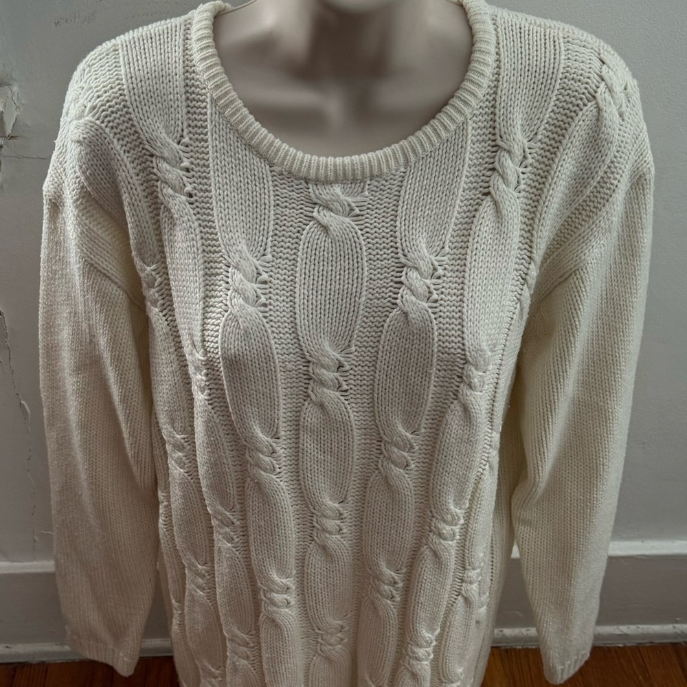 Jenny white cable knit fisherman chunky crewneck sweater, size L preppy cottage